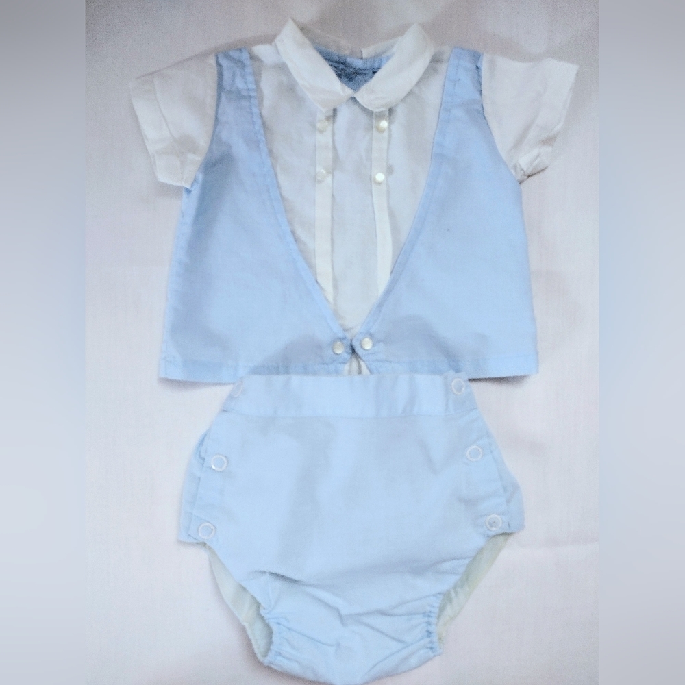 VTG Baby Boy 2 Piece Shirt And Bubble Pants Rubber Diaper Cover Set Newborn Blue